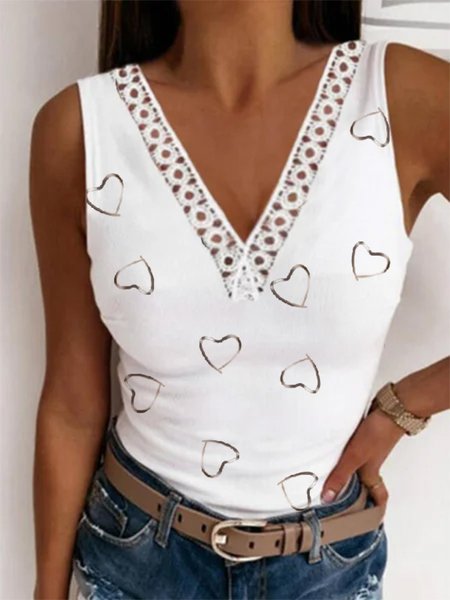 

Heart V neck Casual Knit Tank, White, Tank Top