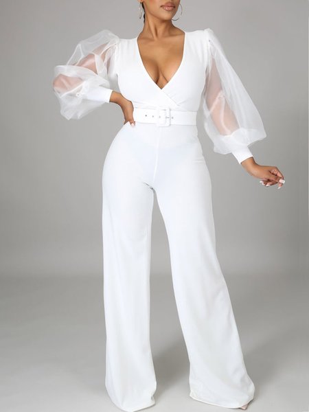 

Puff Sleeve Simple Jumpsuit With Belt, White, Jumpsuits