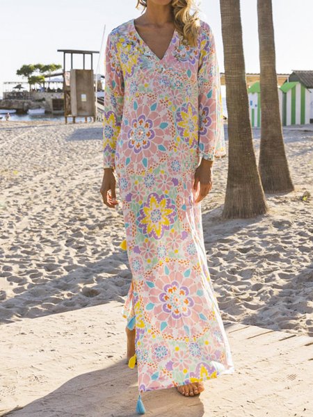 

Printed Fringe V-Neck Loose Resort Maxi Dress, Pink, Maxi Dresses