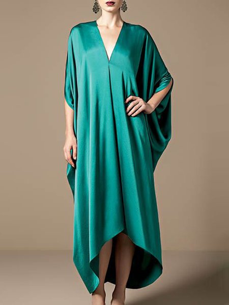 

V Neck Satin Elegant Plain Midi Dress, Green, Midi Dresses