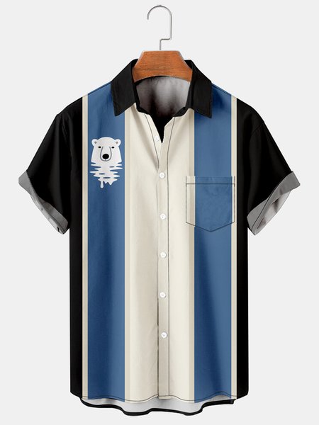 

Mens Save Ocean Polar Bear Print Casual Breathable Chest Pocket Short Sleeve Bowling Shirts, Blue, Men's Floral shirt