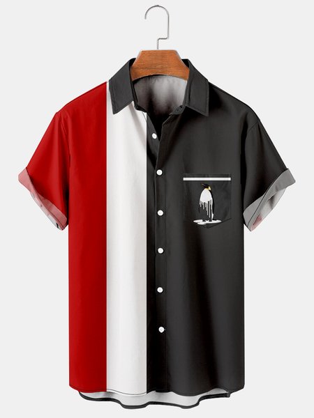

Mens Love Earth Save Earth Penguin Print Casual Breathable Chest Pocket Short Sleeve Bowling Shirts, Black, Men's Floral shirt