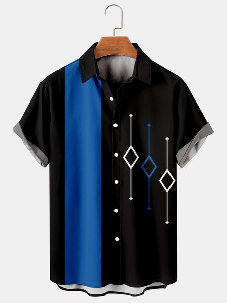 

Mens Color-block Geo Print Casual Breathable Short Sleeve Bowling Shirts, Black, Men's Floral shirt