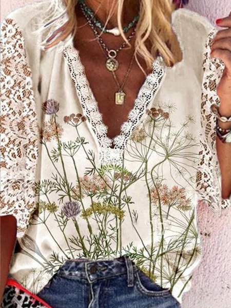 

Loosen Floral V Neck Vacation loosen Shirts & Tops, Multicolor, Shirts & Blouses