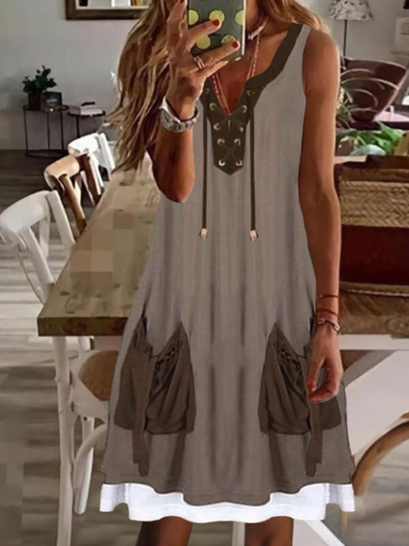 

Sleeveless V Neck Color Block Casual Dresses, Khaki, Mini Dresses