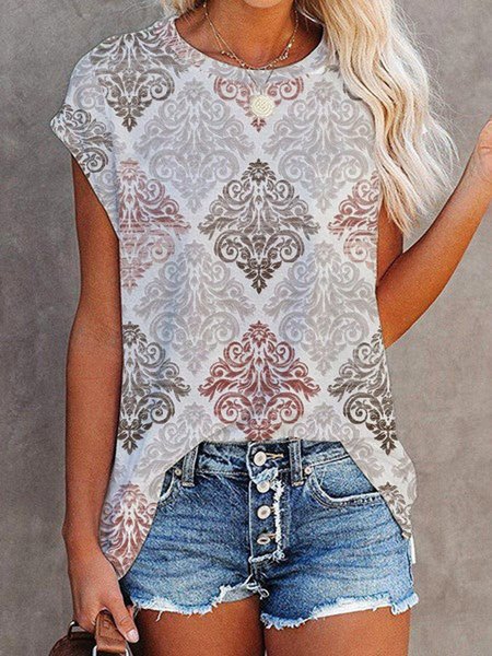 

Tribal Printed Casual Round Neck Loosen Short Sleeve T-shirt, As picture, T-Shirts