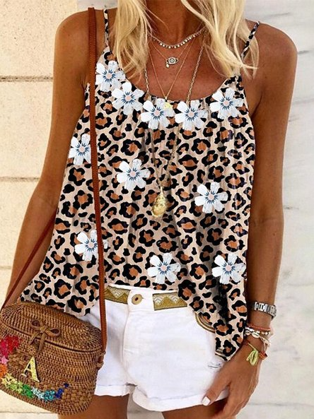 

Casual Regular Fit Spaghetti Leopard Vests, Brown, Tanks & Camis