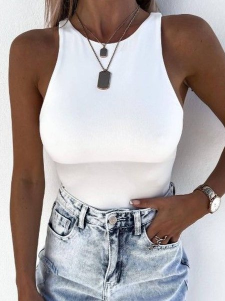 

Plain Round Neck Regular Fit Vests, White, Tank Top