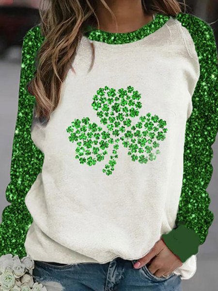 

St. Patrick's Day Vacation Loosen Shamrock Long Sleeve T-shirt, Green, Long sleeve tops