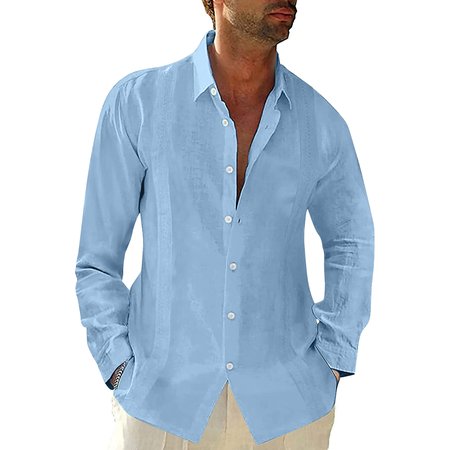 

Solid Color Casual Cotton Linen Long Sleeve Shirt, Lightblue, Shirt