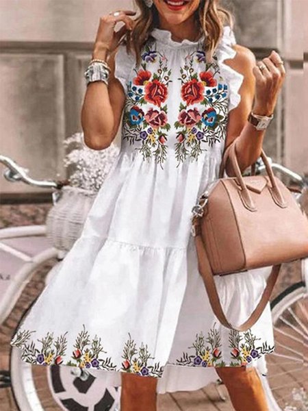 

Floral Regular Fit Round Neck Short sleeve Woven Dress, White, Mini Dresses