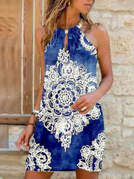 

Casual Sleeveless Round Neck Plus Size Printed Dress, Blue, Mini Dresses