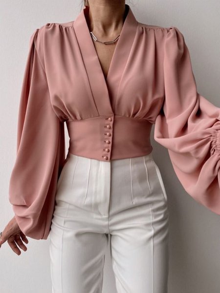 

V Neck Plain Bishop Sleeve Elegant Daily Top, Pink, Tops