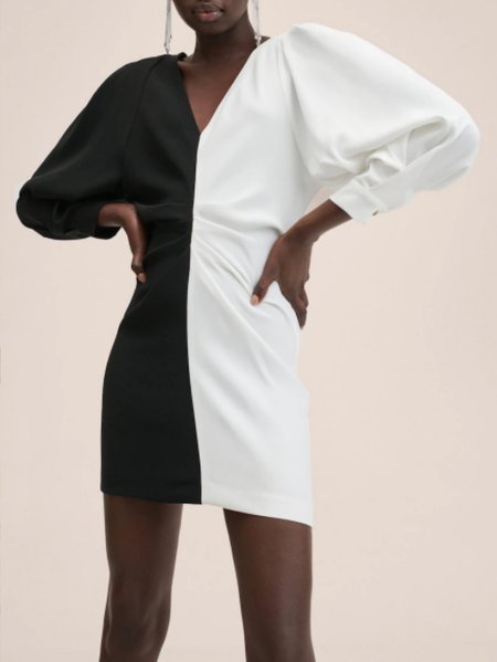 

Simple Regular Fit Color-block V-neck Dress, As picture, Mini Dresses