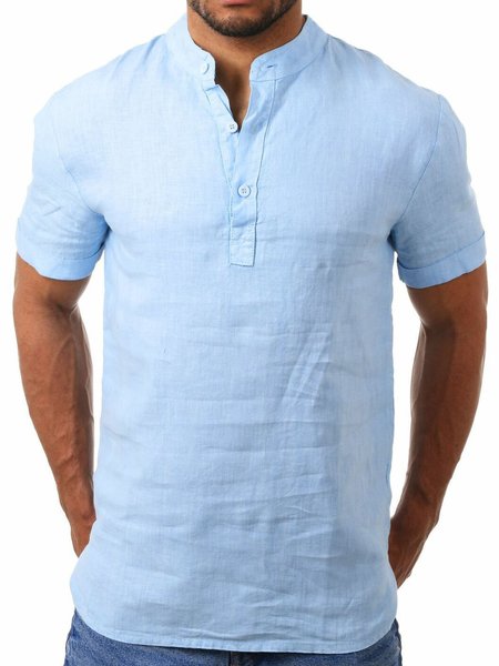 Cotton Linen Casual Short Sleeve Shirt Men, Lightblue, Shirt