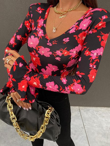 

Floral Long Sleeve Casual Skinny V Neck Top, Pink, Tees