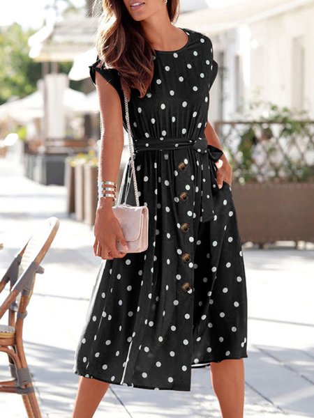 

Loosen Polka Dots Round Neck Casual short sleeve Short sleeve Woven Dress, Black, Dresses