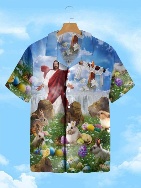 

Mens Easter Jesus Print Casual Breathable Short Sleeve Hawaiian Shirt, As picture, Men's Floral shirt
