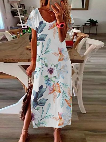

Casual Floral Printed Beach Holiday Short Sleeve Loosen Round Neck Dresses, White, Maxi Dresses