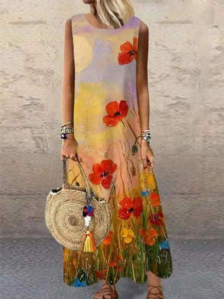 

Vacation Cotton Blends Floral Short sleeve Woven Dress, Multicolor, Dresses