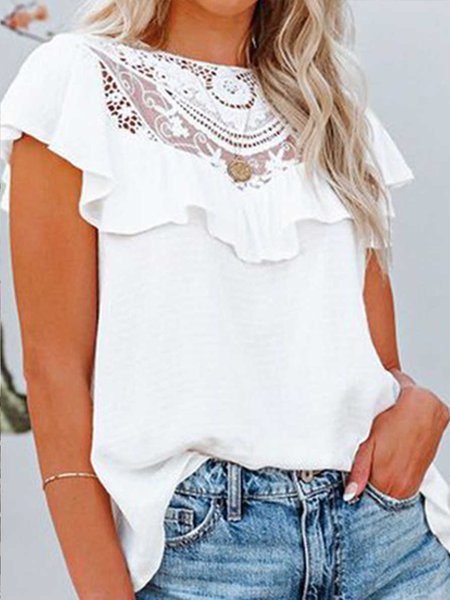 

Solid Loosen Crew Neck Vacation Short Sleeve Blouse, White, Tank Tops & Camis