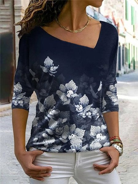 

Casual Floral V Neck Long Sleeve Shirts & Tops, Deep blue, T-Shirts