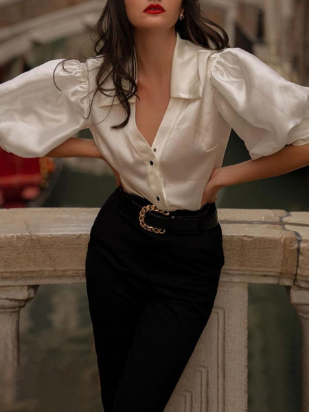 

Elegant Lapel Half sleeve Shirt & Top, White, Tops