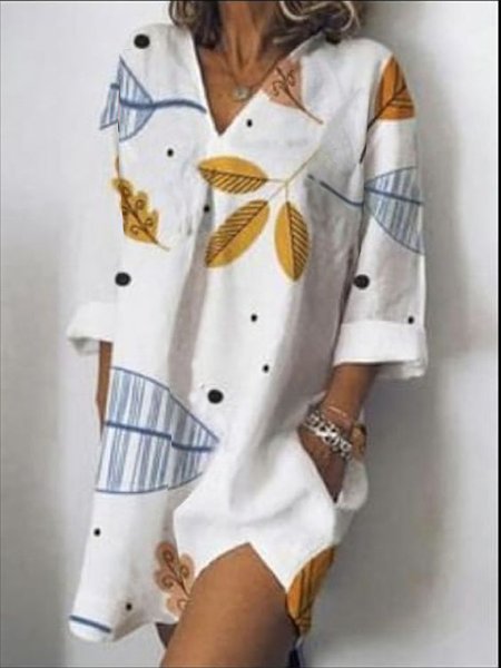 

Vacation Loosen leaves V Neck women Long sleeve Woven Dress, Multicolor, Mini Dresses