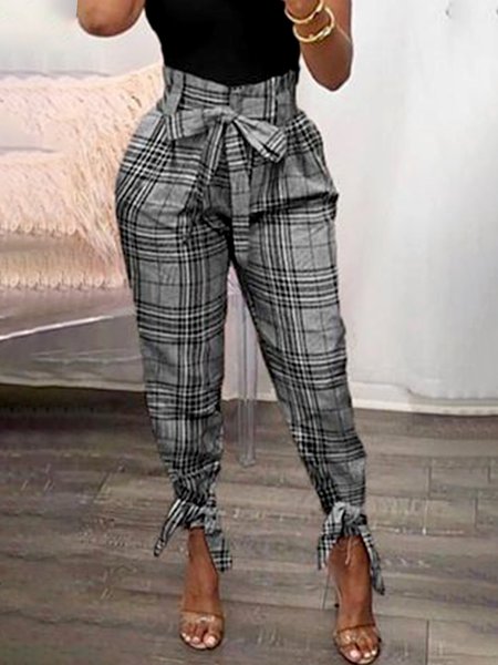 

Regular Fit Fashion Grid Daily Pants, Gray, Cropped Pants