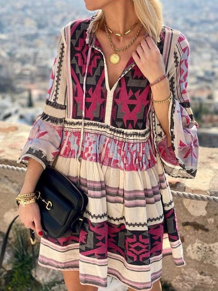 

Regular Fit V Neck Painted Long sleeve Woven Dress, Multicolor, Mini Dresses