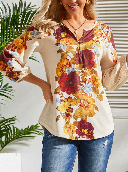 

Vanilla and Red Floral Notch-Neck Button-Up Resort Top Floral Long sleeve tops, Apricot, Long sleeve tops