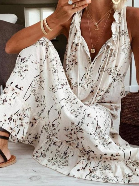 

Boho V Neck Vacation Loosen floral sleeveless long Short sleeve Woven Dress, White, Maxi Dresses