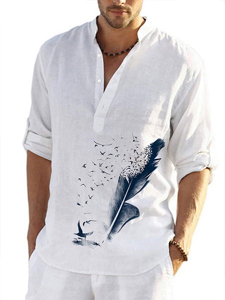 

Feather Linen Long Sleeve Shirt, White, Long Sleeve Basic Shirts