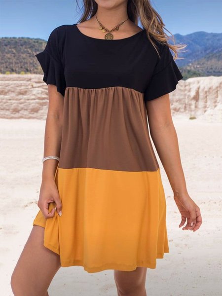 

Loosen Basics Casual Color Block Round Neck Short sleeve Woven Dress, Multicolor, Dresses