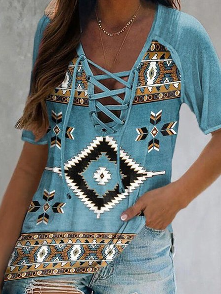 

V neck Tribal Regular Fit Vacation short sleeve Shirts & Tops, Blue, T-Shirts