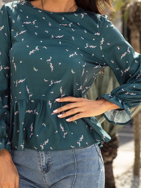 

Floral Print Casual Hot Spring New Designer Ladies Lotus Leaf Sleeve Top, Multicolor, Long sleeve tops