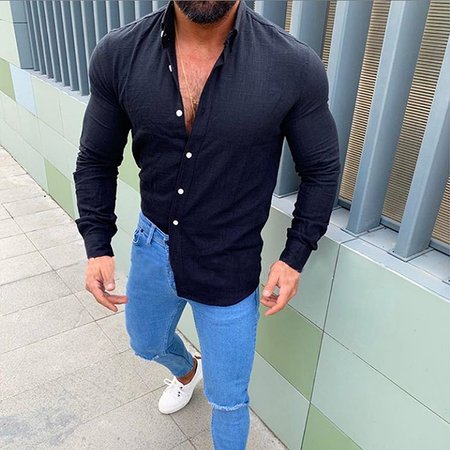 

Solid Color Casual Cotton Linen Shirt, Black, Shirt