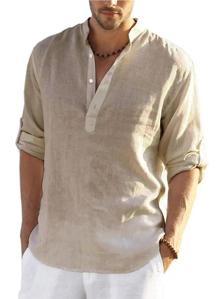 

Solid Color Casual Cotton Linen Long Sleeve Stand Collar Shirt, Khaki, Shirt