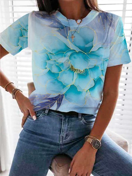 

Casual Floral Round Neck Loosen Short Sleeve T-shirt, Blue, T-Shirts