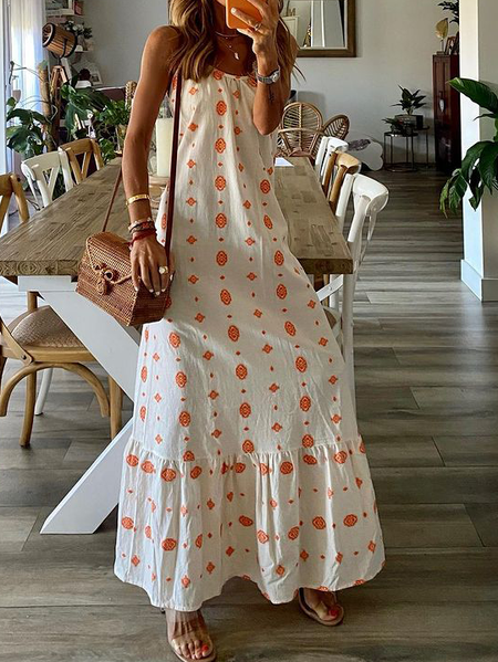 

Geometric Spaghetti Short sleeve Woven Dress, Off white, Maxi Dresses