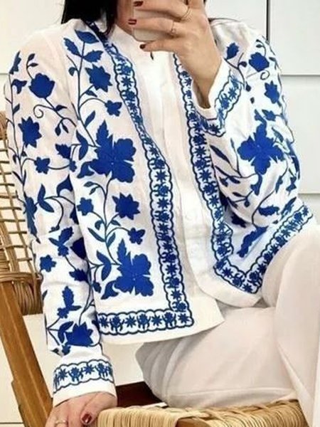 

Casual Loosen Buttoned floral spring Outerwear, Blue, Outerwear