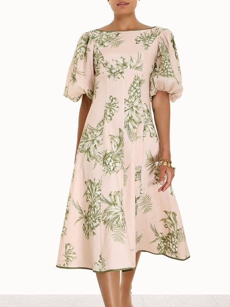 

Plants Boat Neck Vacation Half sleeve Dress, Light pink, Midi Dresses