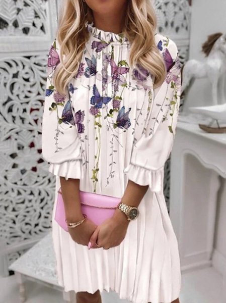 

Casual Pleated Floral Printed Long sleeve Woven Dress, White, Dresses