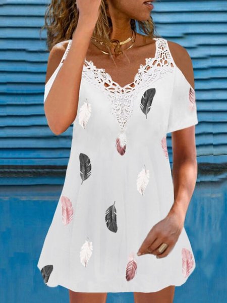 

Casual Feather Short Sleeve V Neck Plus Size Printed Dress, White, Mini Dresses