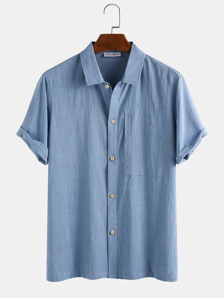 

Cotton Linen Style American Casual Basic Versatile Linen Shirt, Navy blue, Shirts ＆ Blouse