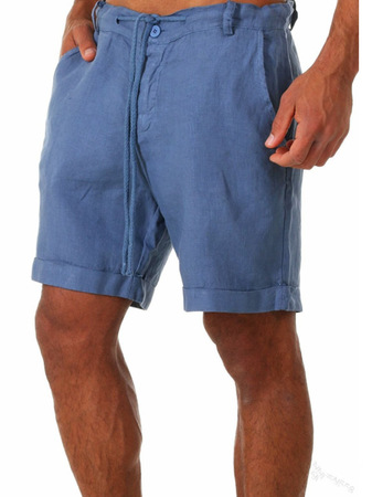 

Solid Color Casual Cotton Linen Shorts, Blue, Pants