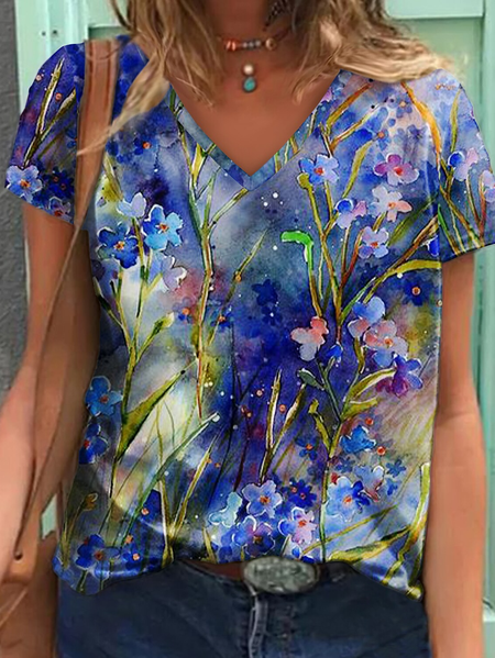 Women's Casual Holiday Weekend Floral T-shirt Short Sleeve Print V Neck Basic Top, Blue, T-Shirts