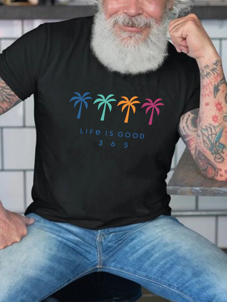 

Casual Letters Coconut Tree T-Shirt "Good Life 365 Days" Men's Short Sleeve T-Shir, Black, T-Shirts