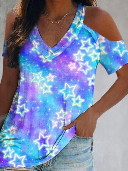 

Star Ombre Casual V Neck Loosen Short Sleeve Tunic T-Shirt, Flower, T-Shirts