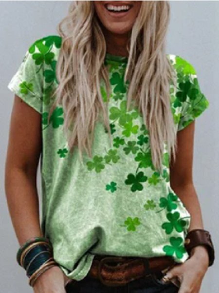 

JFN Round Neck Shamrock Casual T-Shirt/Tee, Green, Tops